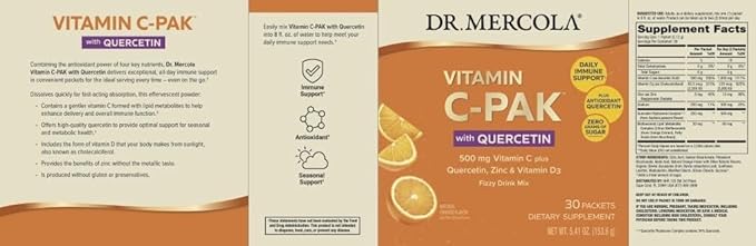 Dr. Mercola Vitamin C-PAK with Quercetin - Daily Immune Support Drink - Zinc &amp Vitamin D3 Blend - Gluten-Free - Effervescent Orange Flavor - 30 Packets