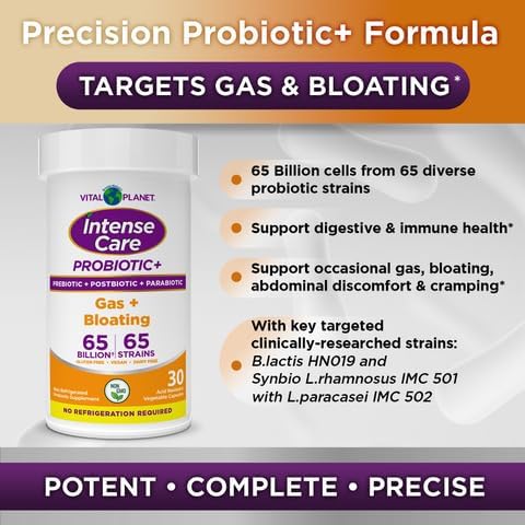 Vital Planet - Intense Care Gas &amp Bloating Probiotics Plus Organic Prebiotics Postbiotics Parabiotics Complete 4-in-1 Supplement for Adults 65 Billion CFU 65 Strains Digestive and Immune 30