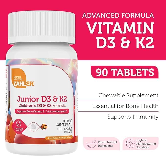 Zahler - Junior Vitamin D3 + K2 Chewable Tablets for Kids| Vitamin D for Kids 2000 IU | Delicious Vitamin D K2 Chews to Support Healthy Bones &amp Teeth - Kosher Less Sugar Than Gummies (2 Pack)