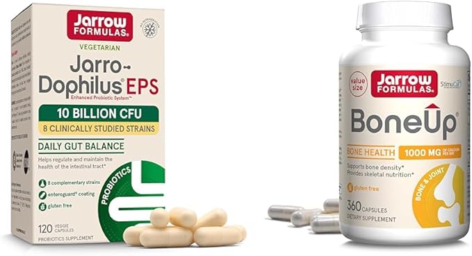 Jarrow Formulas Probiotics &amp Bone Support Supplement Bundle with Jarro-Dophilus EPS 10 Billion CFU and BoneUp with Vitamin D3 K2 &amp Calcium