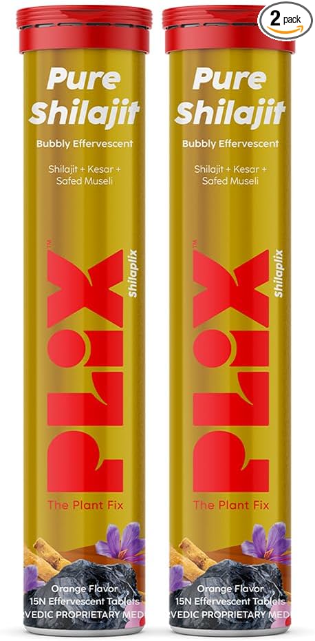 Plix Pure Himalayan Shilajit Effervescent Tablets - 250mg with Safed Musli &amp Saffron | Natural Energy &amp Strength Support | Orange Flavor 30 Tablets