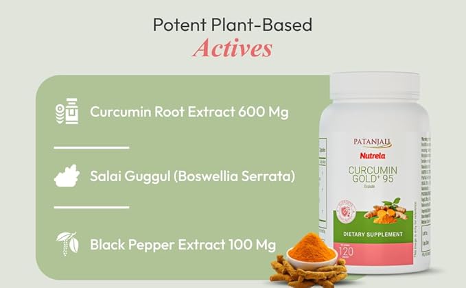 patanjali Nutrela Curcumin Gold+ with Salai Guggul &amp Black Pepper - 95% Curcuminoids Turmeric Supplement - Joint Support &amp Inflammation Relief - 120 Vegetarian Capsules