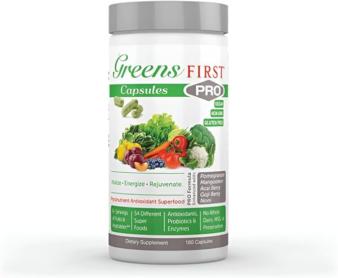 Greens First Phytonutrient Capsules - 49 Antioxidant-Rich Superfoods with Organic Fruits &amp Veggies Prebiotics Probiotics and Digestive Enzymes - 180 Capsules