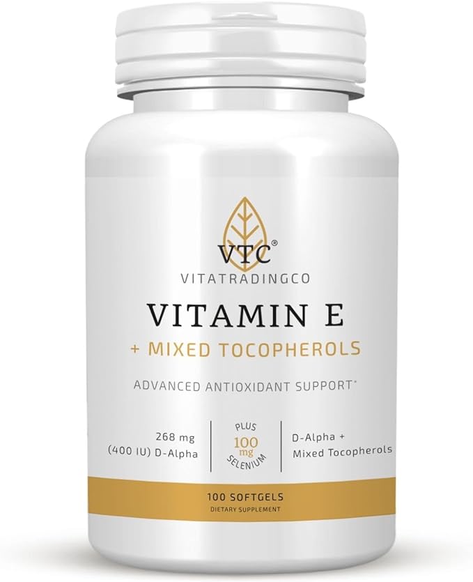 VTC VitaTradingCo. Vitamin E + Mixed Tocopherols | 400 IU Vitamin E | with Selenium &amp D-Alpha | Powerful Antioxidant | Skin Heart &amp Immune Support | 100 Softgels