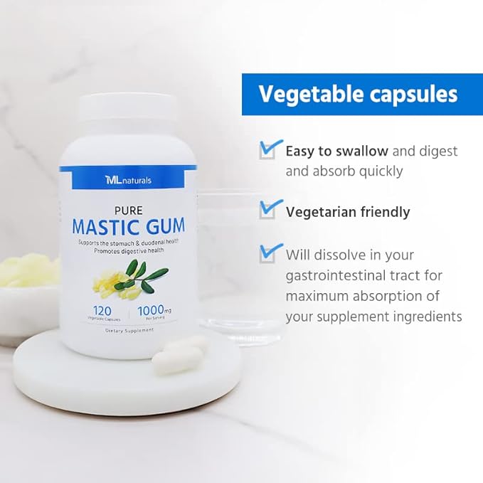 ML Naturals Mastic Gum 1000mg (Per Serving) – 240 Vegan Capsules – Supports Digestive &amp Stomach Health