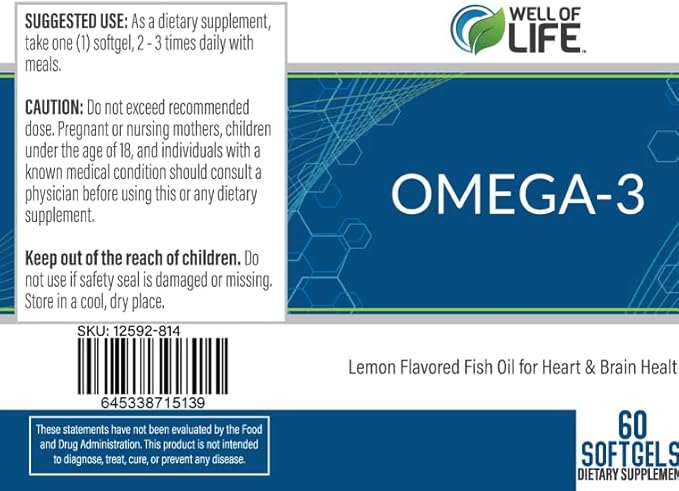 Well of Life Omega-3 Fish Oil – 60 Softgels | High EPA &amp DHA for Heart and Brain Health | Non-GMO Premium Fish Oil Supplement | Made in USA GMP Certified