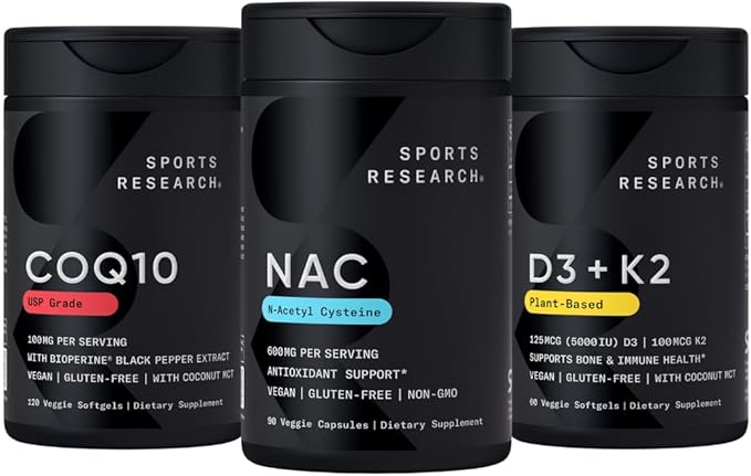 Sports Research® Antioxidant Support Pack - N-Acetyl L-Cysteine (NAC) 600mg CoQ10 100mg Enhanced w/Coconut Oil &amp Bioperine and Vegan Vitamin D3 5000iu &amp Mk7 Vitamin K2