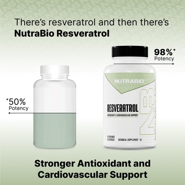 NutraBio 98% Pure Resveratrol Supplement 500mg - Standardized to 490mg Trans Resveratrol Heart Health and Antioxidant Defense - 90 Capsules - 90 Servings
