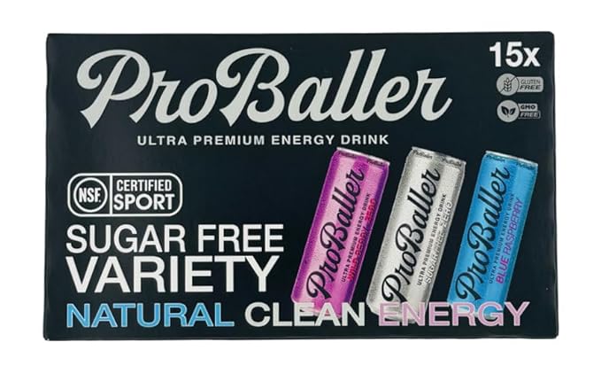 ProBaller Clean Energy Drink - Athlete-Grade Energy for Focus &amp Performance Zero Sugar NSF Certified for Sport Natural Caffeine Biotin Electrolytes Amino Acids &amp B Vitamins - Variety 12