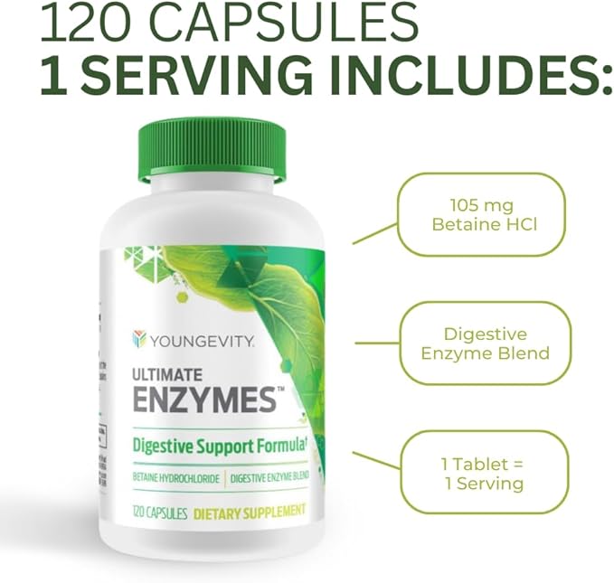 Youngevity Ultimate Enzymes® - Multi Enzymes for Digestion Gas &amp Bloating Relief - Betaine HCl Ox Bile Pancreatine 10X Papain 6M Pepsin 1:3000 (120 Capsules - 4 Pack)