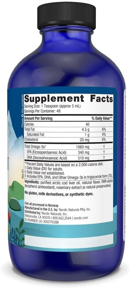 Nordic Naturals Arctic Cod Liver Oil Lemon - 8 oz - 1060 mg Total Omega-3s with EPA &amp DHA - Heart &amp Brain Health Healthy Immunity Overall Wellness - Non-GMO - 48 Servings