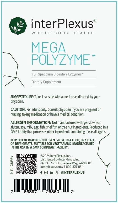 InterPlexus Mega-Polyzyme - Full Spectrum Vegetarian Digestive Enzymes with Bromelain for Gastrointestinal Support - Gluten Free Dairy Free Soy Free - 60 Capsules (60 Servings)
