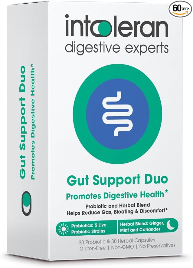 Intoleran Gut Support Duo – Probiotics &amp Herbal Blend for Digestive Health | Helps Ease Occasional Bloating Gas &amp Discomfort | Non-GMO Gluten &amp Soy Free – 60 Capsules (30-Day Supply)