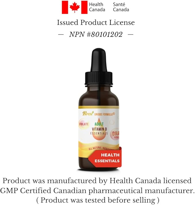 Adults Health Essentials Drops - Liquid DHA Omega 3 Natural Vitamin D3 1000 IU Folate Supplement Supports Heart Brain Eyes &amp Joint Health Supplement for The Whole Family