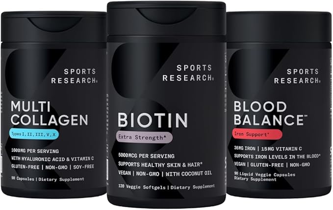 Sports Research® Healthy Hair Pack - Biotin 5000mcg with Organic Coconut Oil + Multi Collagen Pills Enhanced with Hyaluronic Acid &amp Vitamin C + Blood Balance Iron Supplement - 36 MG Iron + Folate