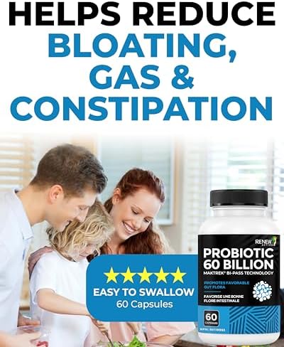 Renew Actives Probiotic Supplement for Digestive Health 60 Billion CFU per 2 Capsules - Advanced Formula with Prebiotic Benefits - Supports Gut Flora Balance &amp Wellness - Made in Canada - 60 Capsu