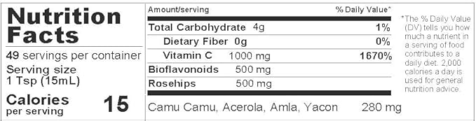 Raw Garden Natural Liquid Vitamin C with Rose HipAmlaCamu Camu Acerola 1 Pack 25 OZ Plastic Bottle