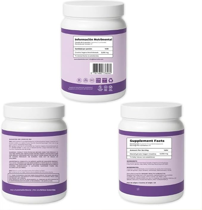Biomix Vegan Creatine Monohydrate 5000mg Pharmaceutical Grade Micronized 2X Absorption Zero Additives Zero Fillers Strength Energy Muscle Recovery 60 Servings 300g
