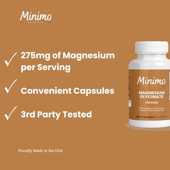 Magnesium Glycinate 275mg 3rd Party Tested Supplement to Support Stress Relief Sleep Heart Health Nerves Muscles and Metabolism* 90 Capsules
