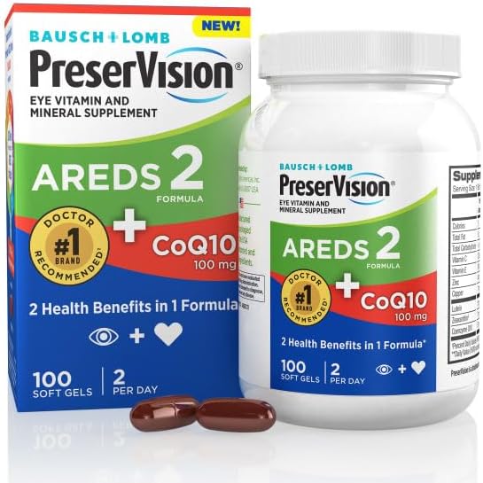 PreserVision Eye Vitamin &amp Mineral Supplement AREDS 2 Formula + CoQ10 2-in-1 Health Benefits 100 Softgels (2 per Day) Pack of 2