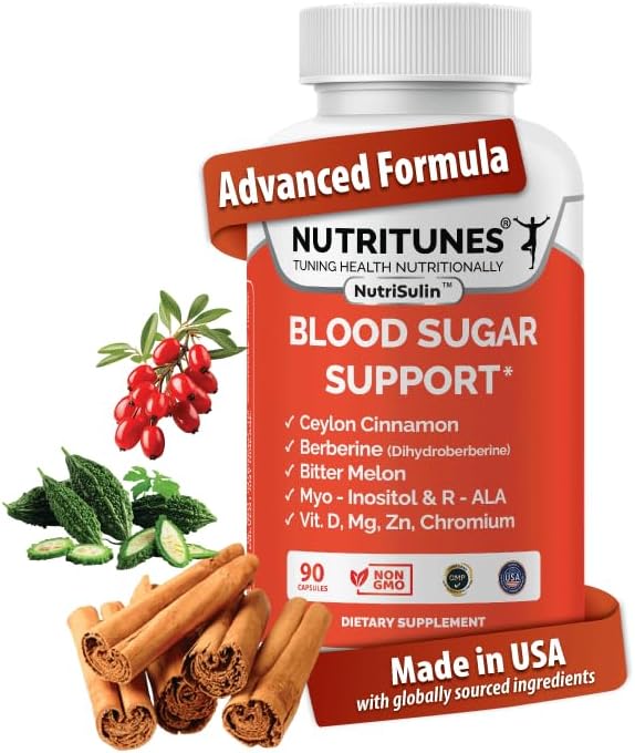 Ceylon Cinnamon &amp Berberine (Dihydroberberine) Supplement for Blood Sugar Support with Added Blood Sugar Complex Myo-Inositol Bitter Melon R-ALA VIT. D Chromium Magnesium &amp Zn– 90 NutriSulin C