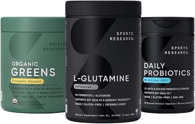 Sports Research® Bowel Trouble Pack - Daily Probiotics with Prebiotics 60 Billion CFU + L-Glutamine + Organic Greens Superfood Powder w/Spirulina Chlorella Adaptogens Enzymes Probiotics &amp 8 V