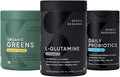 Sports Research® Bowel Trouble Pack - Daily Probiotics with Prebiotics 60 Billion CFU + L-Glutamine + Organic Greens Superfood Powder w/Spirulina Chlorella Adaptogens Enzymes Probiotics &amp 8 V