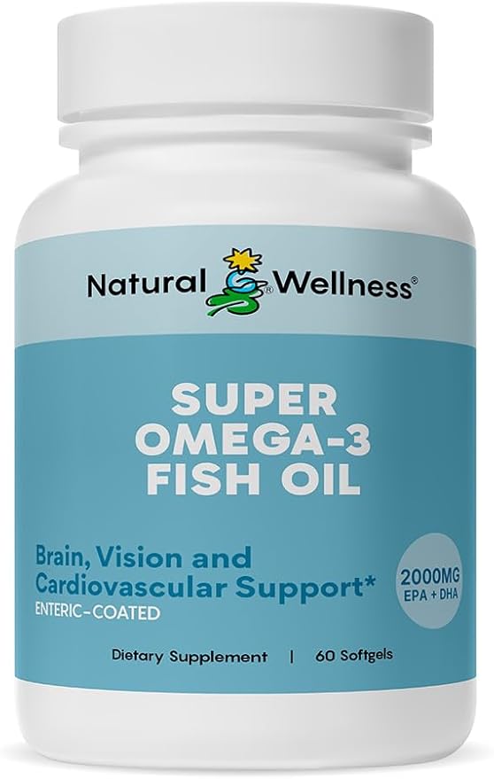 Natural Wellness Super Omega-3 Fish Oil – 600mg EPA &amp 400mg DHA – High Potency Omega 3 Fish Oil Supplement for Heart Brain Joint &amp Immune Health – Purified Enteric-Coated Softgels 60 Count
