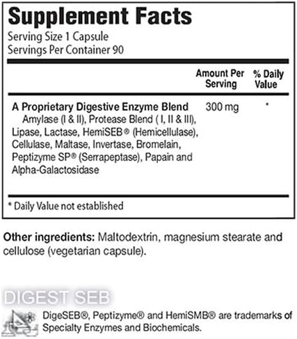 Digest+SEB Digestive Enzymes Gluten Free Non-GMO 90 Vegetarian Capsules
