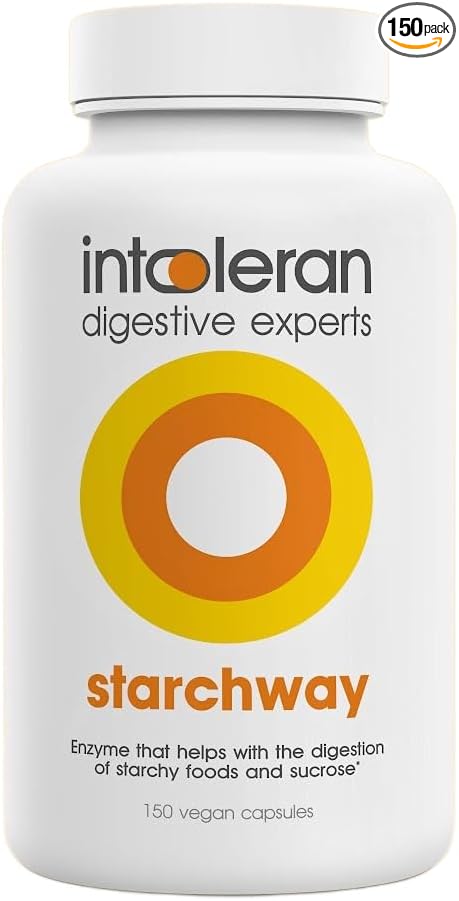 Intoleran Starchway Digestive Enzymes - 150 Capsules Supplement for Starch &amp Sucrose | Helps Digest Sugars &amp Starchy Foods | Invertase &amp Gluco-Amylase Enzymes | Pure &amp Vegan | Low FODM