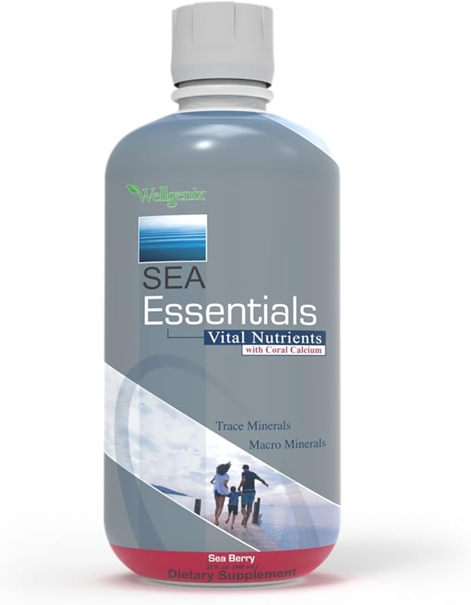 Wellgenix Sea Essentials Vital Nutrients - Coral Calcium Liquid Multivtamin - Adults &amp Kids Daily Supplement - Nutritional Sea Vegetation Mineral Drink - Sea Berry Flavor 32oz (3) (Packaging May V