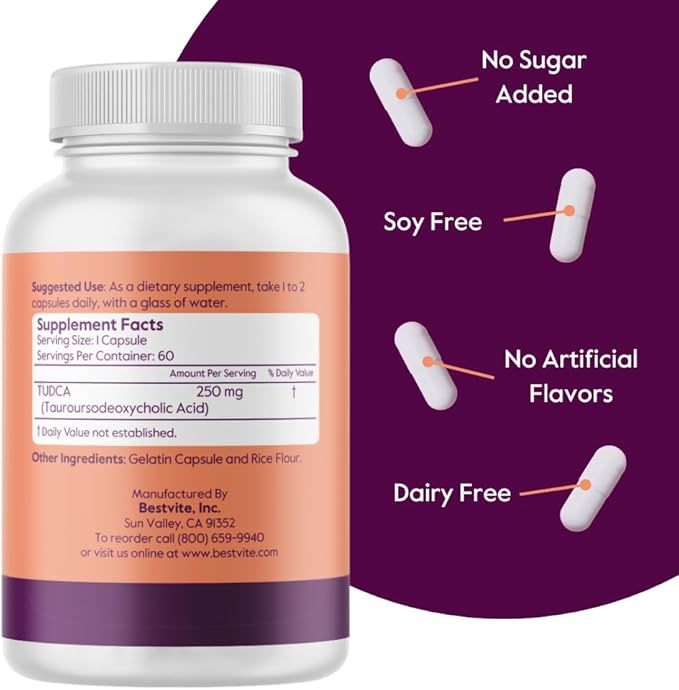 BESTVITE TUDCA 250mg (60 Capsules) (Tauroursodeoxycholic Acid) - No Stearates - Gluten Free - Non GMO
