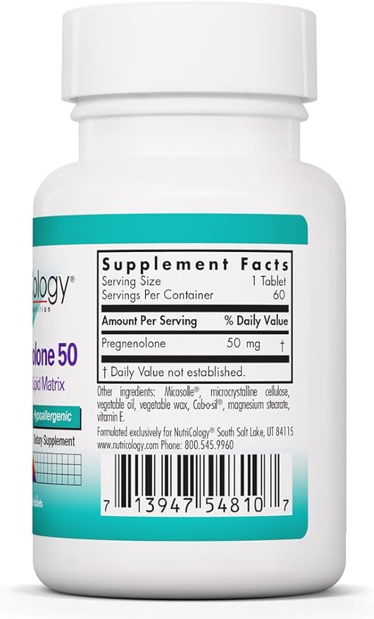 Nutricology Pregnenolone Supplement - Progesterone Supplements Hormone &amp Stress Support Made from Non-GMO Wild Yam Micronized Lipid Matrix Plant-Sourced 50mg Scored Tablets - 60 Count
