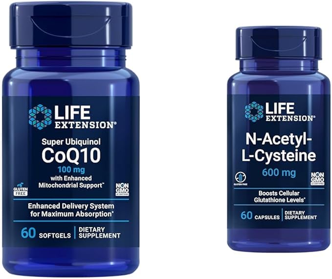 Life Extension Super Ubiquinol CoQ10 with Enhanced Mitochondrial Support &amp N-Acetyl-L-Cysteine (NAC) Immune Respiratory Liver Health NAC 600 mg