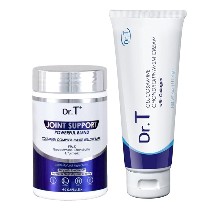 Dr. T Joint Health Bundle: Glucosamine/Chondroitin MSM Cream with Collagen + Joint Support Supplement | Athlete-Grade Joint &amp Muscle Relief | Non-GMO Gluten-Free Made in USA