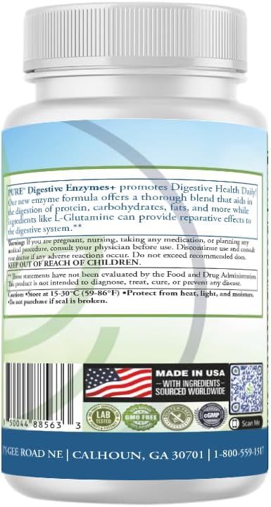 PURE® Digestive Enzymes+ with Probiotics - 60 Capsules - Advanced Gut Health &amp Bloat Relief - Full Spectrum Enzyme Blend for Protein Carb &amp Fat Digestion - Made in USA