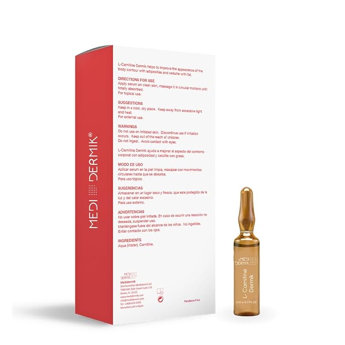 L-Carnitine Dermik 20 Ampoules x 5 ml (3.38 fl oz) targeted formula designed to support fat metabolism and improve the appearance of skin in areas prone to cellulite and loss of firmness.