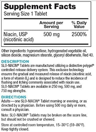 Slo-Niacin Slow Release Niacin 500mg - Vitamin B3 Supplement for Heart Wellness - Flush-Free B3 Vitamins for Cholesterol &amp Cardiovascular Support - 200 Tablets