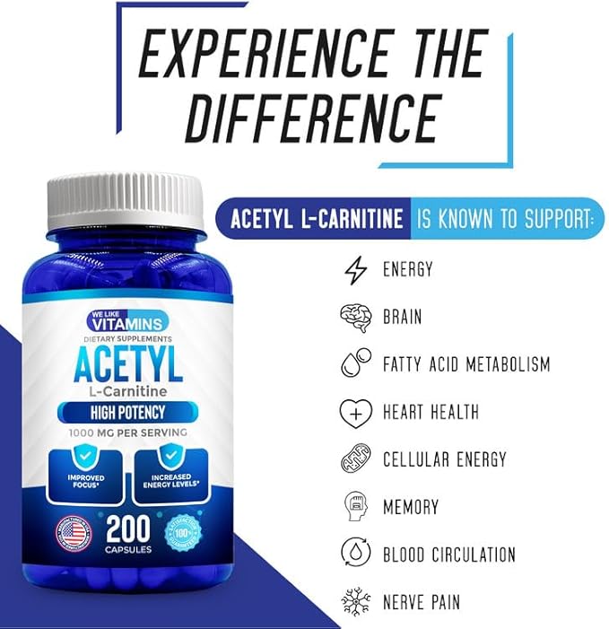 We Like Vitamins Acetyl L-Carnitine 1000mg Capsules - 200 Easy to Swallow Veggie Capsules - Acetyl l Carnitine Supplement Helps Support Focus Brain Function and Energy