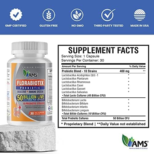 America Medic &amp Science Florabiotix Probiotic (60 Capsules) | Dietary Supplement for Men and Women| 50 Billion Live Cultures | 10 Probiotic Strains | Supports Digestive and Immune Health (Pack of