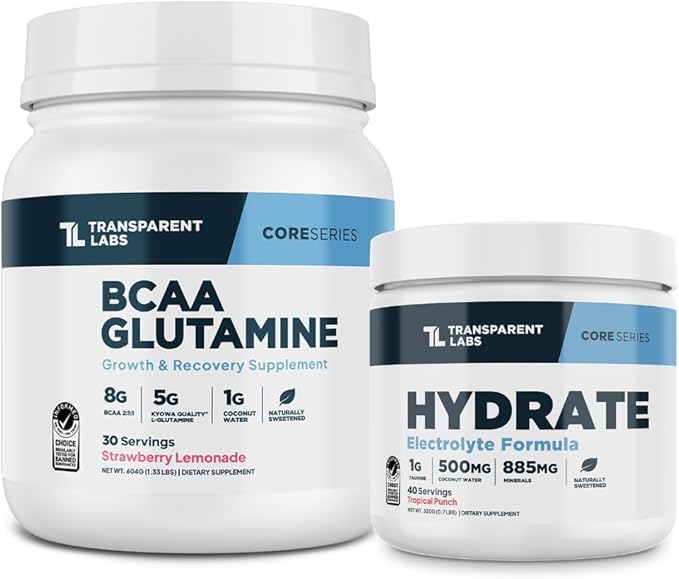 Transparent Labs BCAA Glutamine Powder (30 Servings Strawberry Lemonade) &amp Hydrate Electrolytes Powder (40 Servings Tropical Punch)