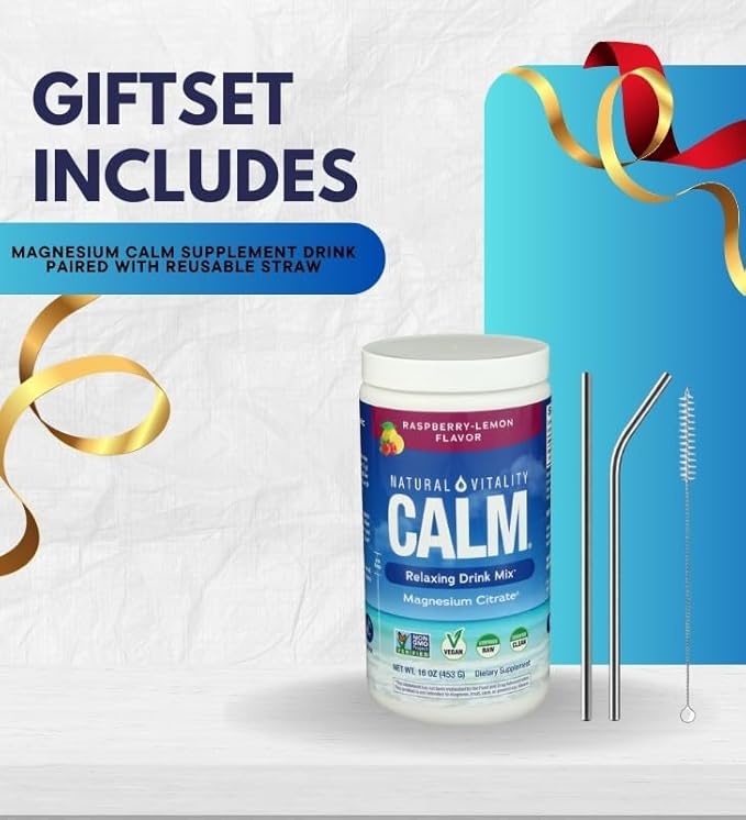 Natural Vitality Calm Magnesium Powder — Vitamin Calm Raspberry Lemon (16oz) Bundle with Straw for Relaxing Magnesium Drink and Daily Hydration Support — Gift Set (2 Items)