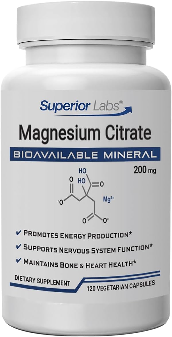 Superior Labs Magnesium Citrate 200mg High Absorption Non-GMO Additive-Free &amp Gluten-Free Promotes Calm Sleep Eases Muscle Cramps &amp Twitches Supports Constipation Relief 120 Veg Caps
