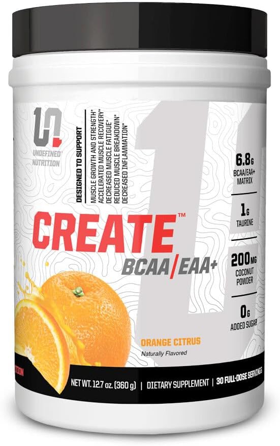Undefined Nutrition Create BCAA/EAA+ by Brian Shaw -Muscle Recovery &amp Endurance 6.8g BCAA/EAA Matrix -Full Spectrum BCAA + Essential Amino Acids Supplement – 30 Servings (127 oz Orange Citrus)