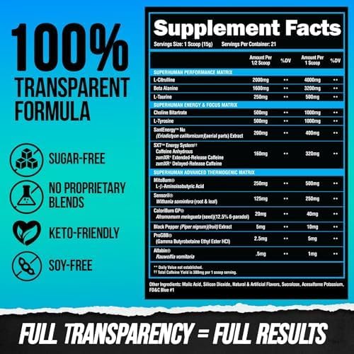 ALPHA LION Superhuman Burn – 2 in 1 Metabolism Booster Pre Workout and Thermogenic Fat Burner for Men – Appetite Suppressant and Weight Loss Supplement (21 Servings Blue Gummy Bear Flavor)