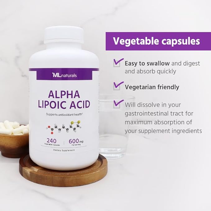 ML Naturals Alpha Lipoic Acid 600mg (Per Serving) – 240 Vegetable Capsules – Supports Digestion &amp Absorption – Non-GMO &amp Gluten-Free