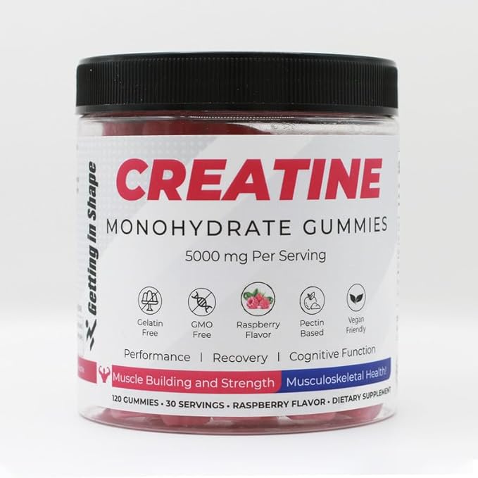 Getting in Shape Creatine Monohydrate Gummies - 5000mg Creatine Raspberry Flavor 120 Count - Vegan Sugar-Free Boosts Performance &amp Recovery