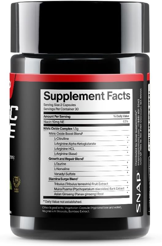 Snap Supplements Nitric Oxide Supplement with L-Arginine to Support Energy Quick Recovery Heart Health Muscle Growth &amp Circulation 60 Vegetarian Capsules (1 Month Supply)