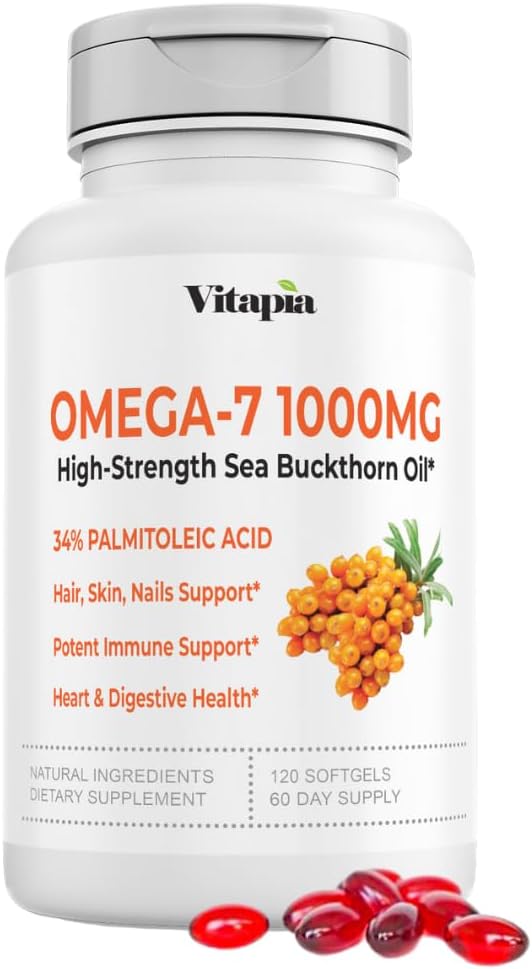 Omega 7 Sea Buckthorn Berry Oil 1000mg for Hair Skin Nails Heart Health Support - 34% Palmitoleic Acid &amp Natural Omega 3 6 9 Fatty Acids Supplement - 120 Capsules Non-GMO Gluten-Free