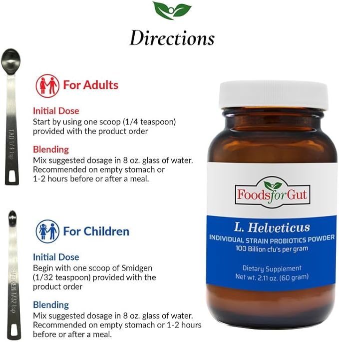 Foods For Gut Lactobacillus Helveticus Probiotic Powder 100 Billion cfu's | No Additives | Direct from Manufacturer | No Third-Party Storage | Immune Support | L. Helveticus | 60 Grams (2.11 Oz)